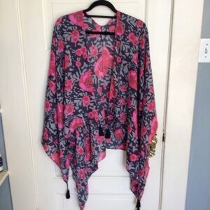 Demdaco Pink and Gray Floral Duster Kimono Shawl Shrug Wrap